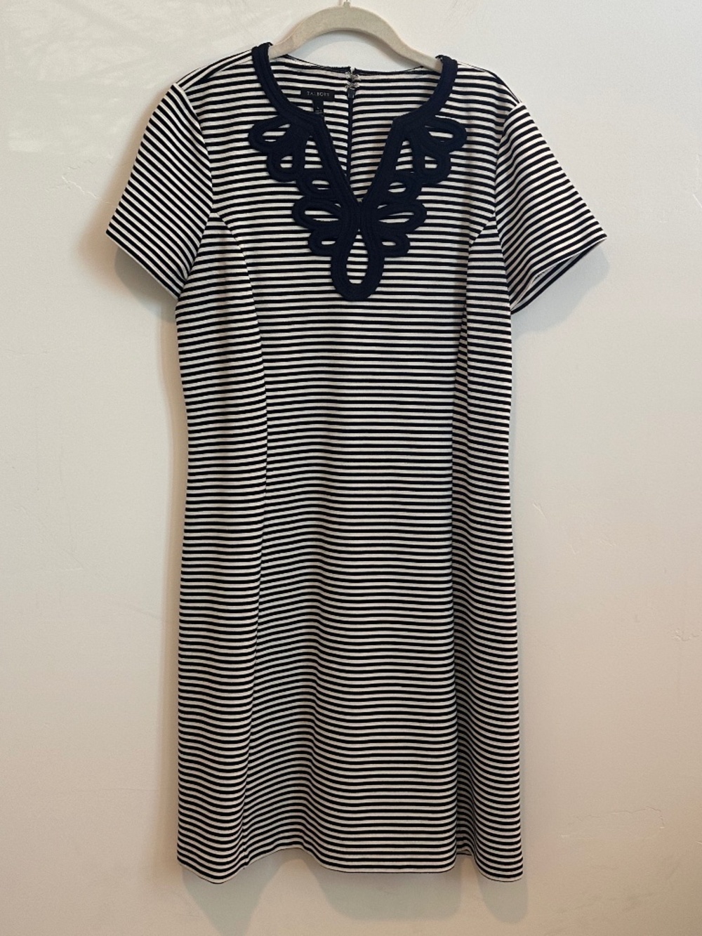 Talbots Navy/White Striped A-Line Dress with braided detail, Size Large